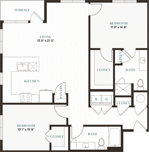 Floor plan for 2 beds, 2 baths, 1259 sqft
